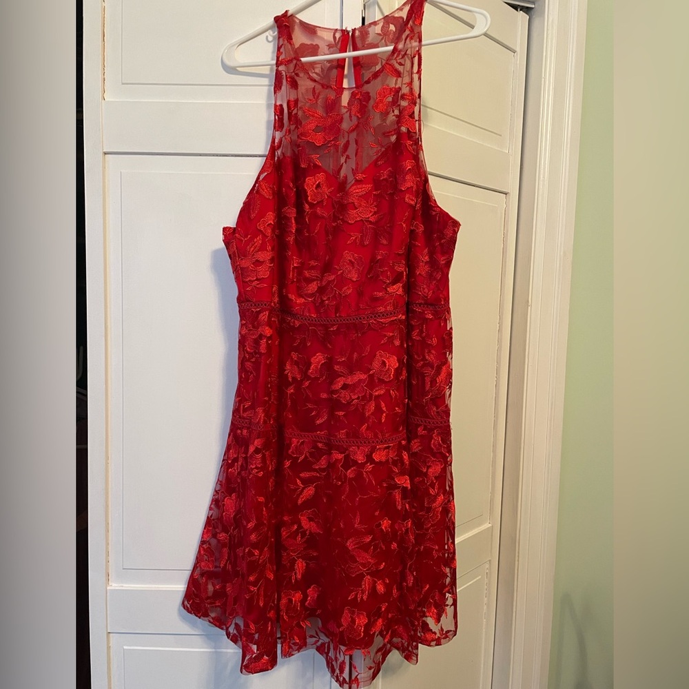 David's Bridal Red Floral Lace Mini Dress